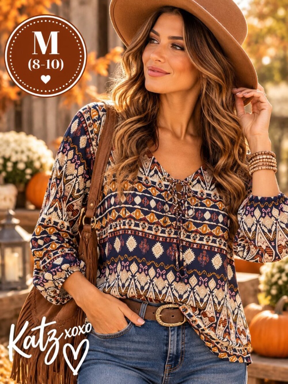 Southwestern Geometric Blouse M Lace Up Boho Western Navy Rust Artsy Fall Top